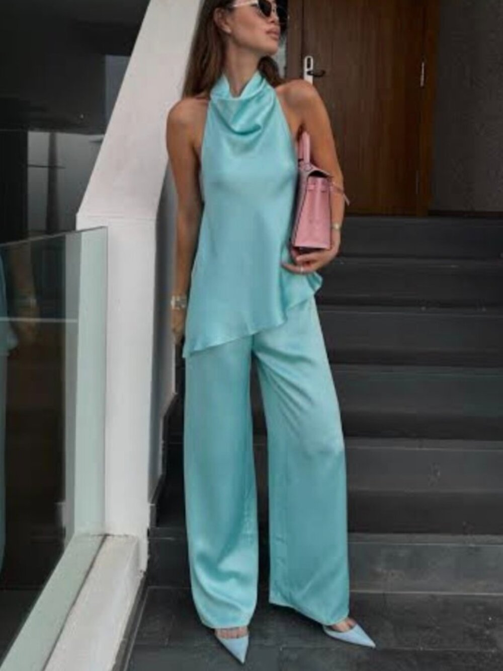 New Fashion Satin Long Jumpsuits For Women Halter Neck Casual Street Outfit Chic